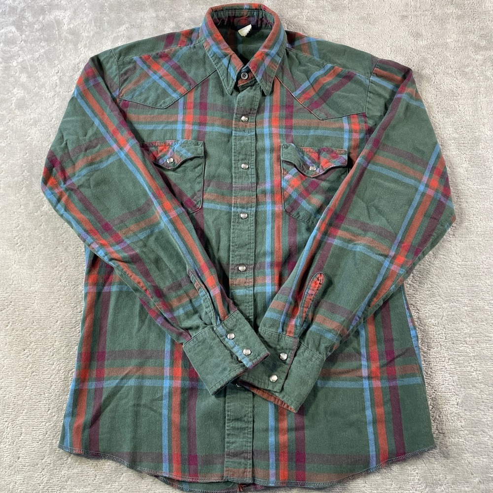 Vintage Wrangler Flannel Shirt Mens Medium Green Plaid Western Snap USA 90s